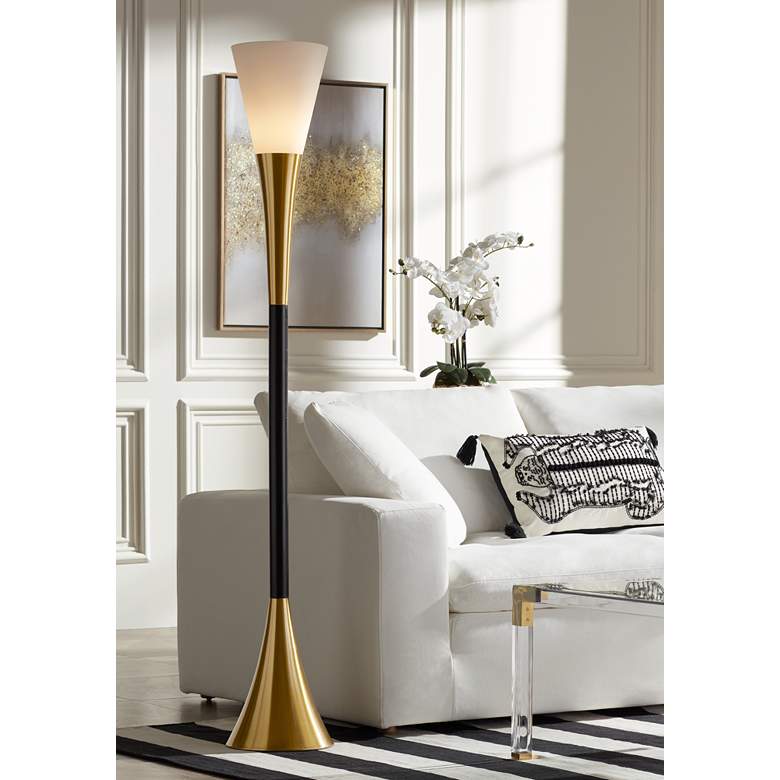 Modern Brass and Black Torchiere Floor Lamp